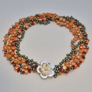 Spectacular 4 Strand Orange Green Bead Mother-of-Pearl Floral Box Clasp Necklace